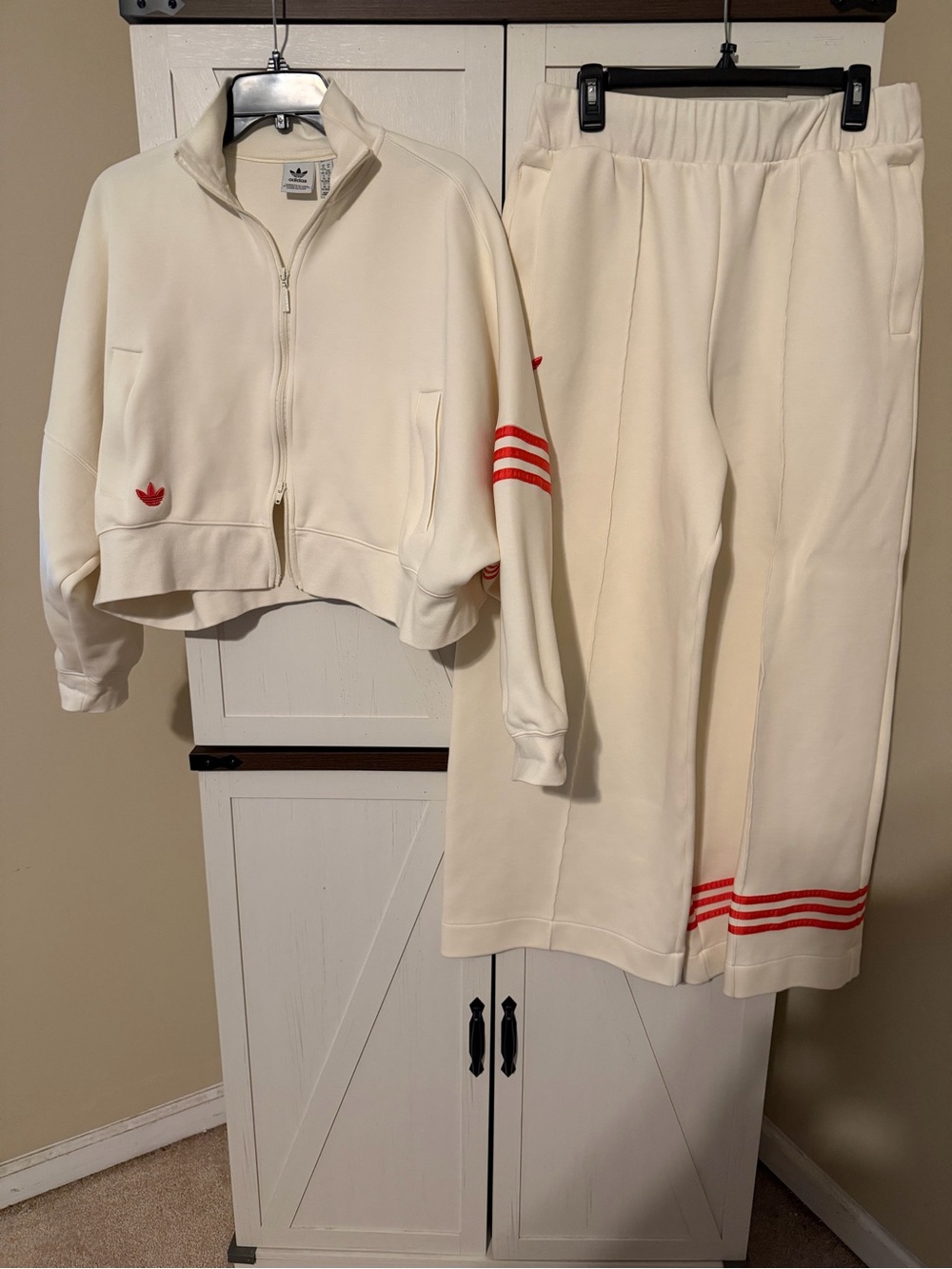 adidas Cream Women’s Track Set with Red Stripes